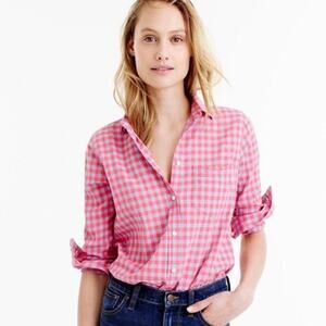 J. Crew Plaid Check Boy Shirt Red Purple Relaxed Fit Casual Cabincore Sz 0